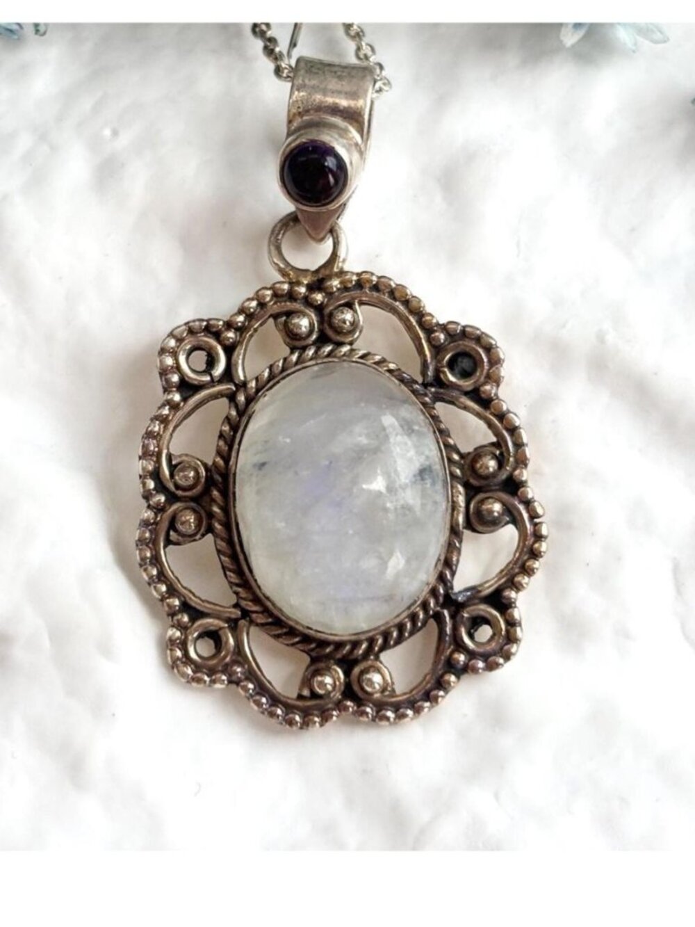 Moonstone & Black Onyx Accented Balinese 925 Vintage Pendant Necklace - 16"